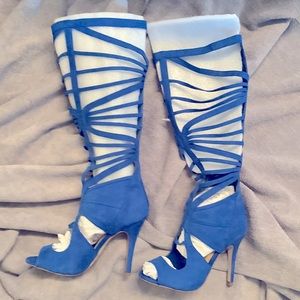 Blue Strappy, Open Toe, back zipper up to the knee Boots
